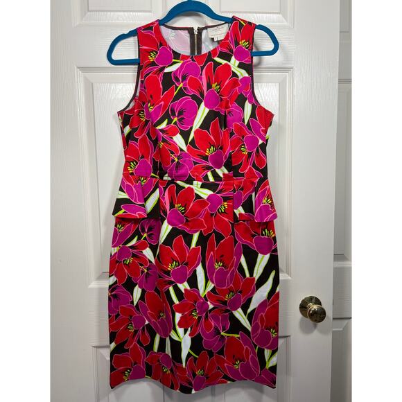 Kate Spade Dress Tropical Red Pink Floral Peplum Sleeveless Sheath Vacation - Picture 2 of 10
